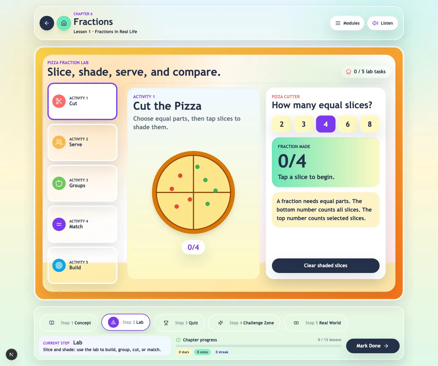 Pizza Fraction Lab interactive learning screen
