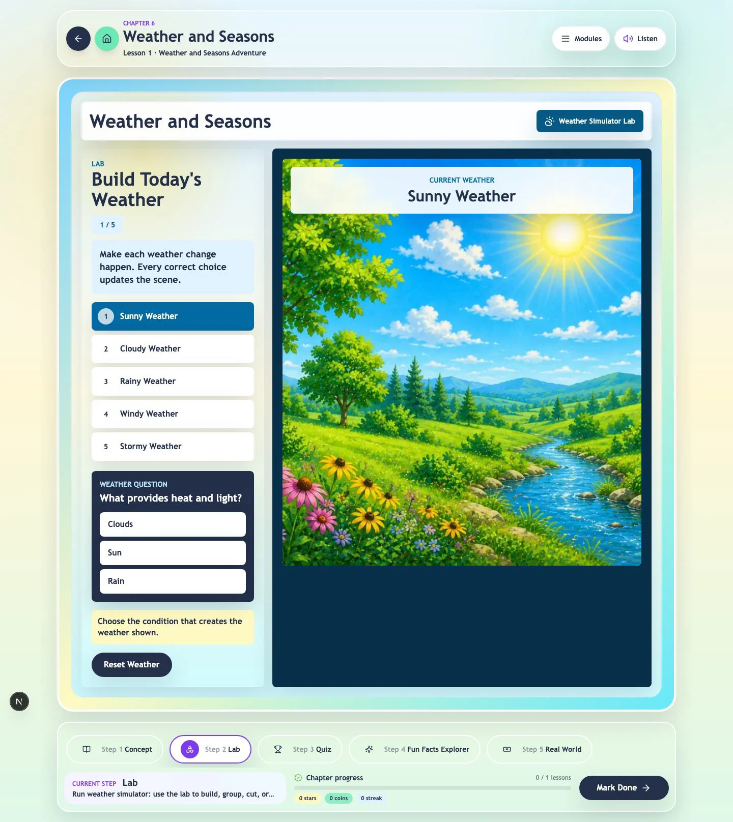 Weather Simulator interactive learning screen